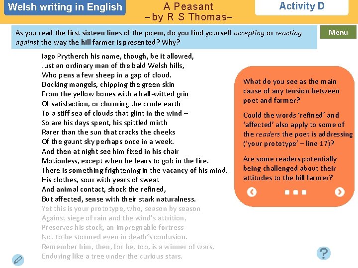 Welsh writing in in English A Peasant – by R S Thomas– Activity D