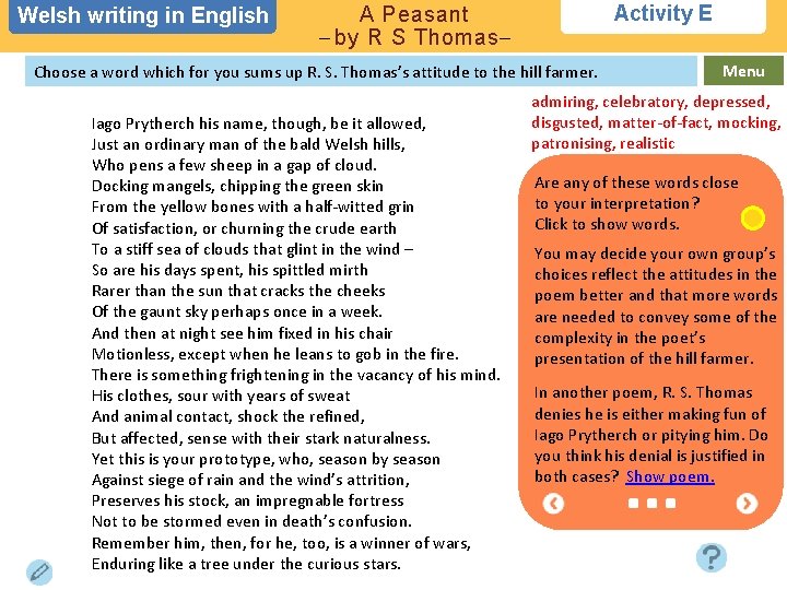 Welsh writing in in English Activity E A Peasant – by R S Thomas–