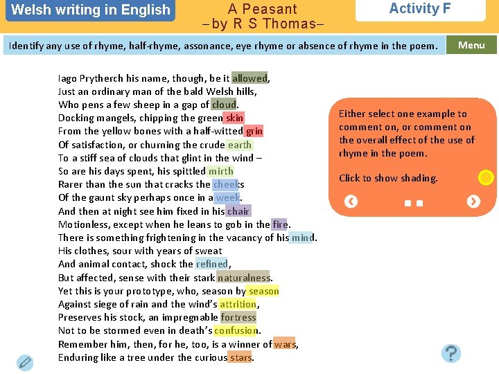 Welsh writing in in English A Peasant – by R S Thomas– Activity F