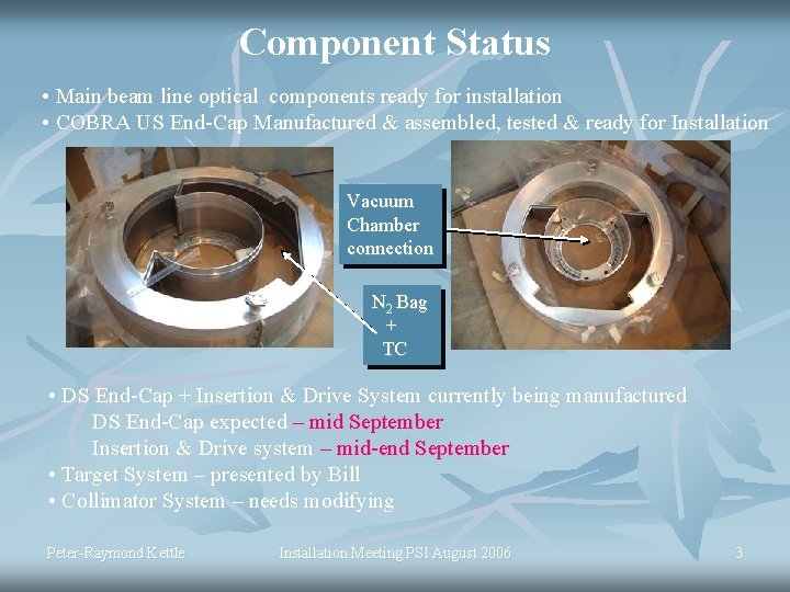 Component Status • Main beam line optical components ready for installation • COBRA US