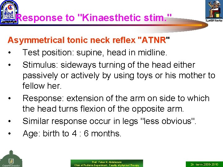 Response to "Kinaesthetic stim. " Asymmetrical tonic neck reflex "ATNR" • Test position: supine,