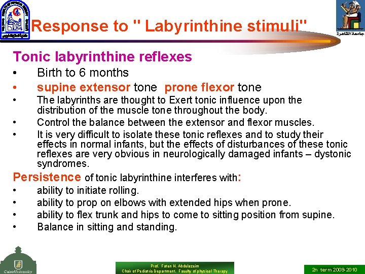 Response to " Labyrinthine stimuli" Tonic labyrinthine reflexes • • Birth to 6 months