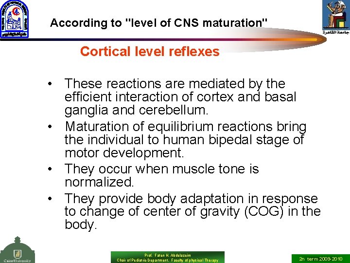 According to "level of CNS maturation" Cortical level reflexes • These reactions are mediated