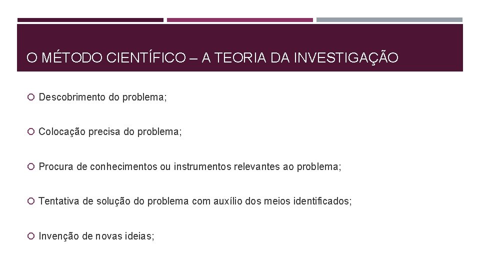 O MÉTODO CIENTÍFICO – A TEORIA DA INVESTIGAÇÃO Descobrimento do problema; Colocação precisa do