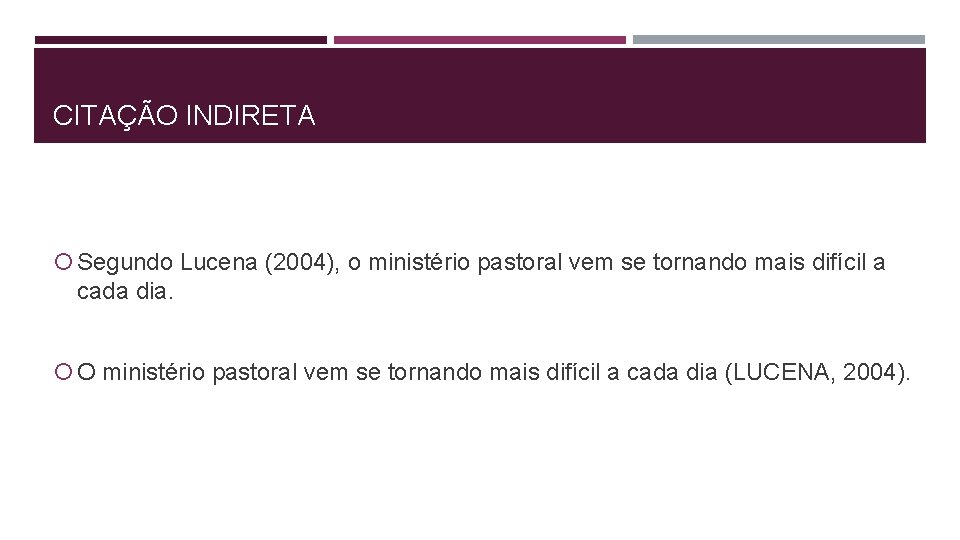 CITAÇÃO INDIRETA Segundo Lucena (2004), o ministério pastoral vem se tornando mais difícil a