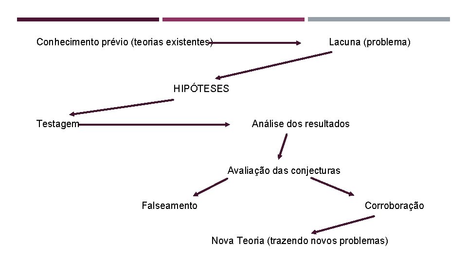 Conhecimento prévio (teorias existentes) Lacuna (problema) HIPÓTESES Testagem Análise dos resultados Avaliação das conjecturas