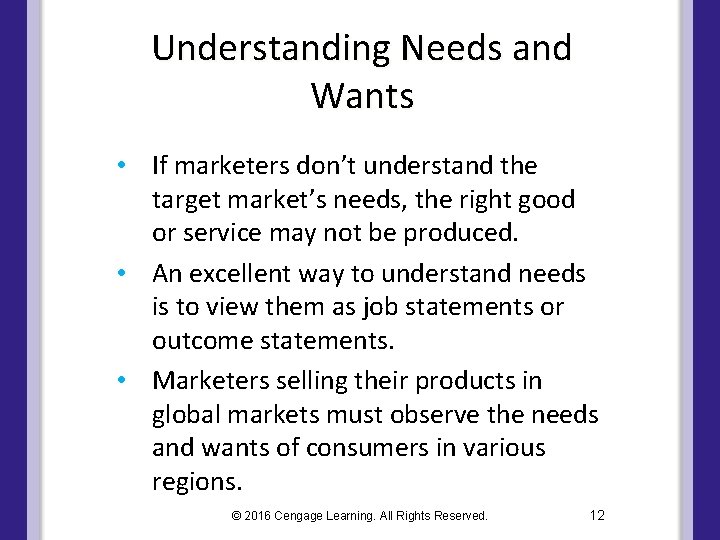 Understanding Needs and Wants • If marketers don’t understand the target market’s needs, the