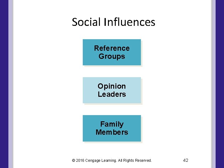 Social Influences Reference Groups Opinion Leaders Family Members © 2016 Cengage Learning. All Rights