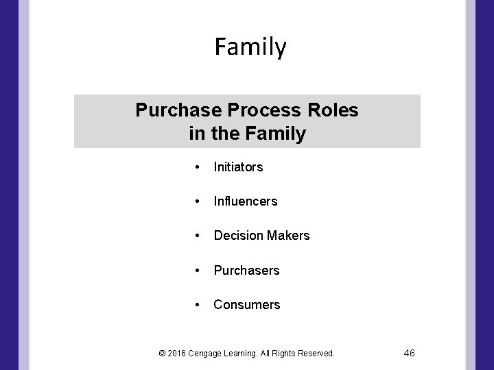 Family Purchase Process Roles in the Family • Initiators • Influencers • Decision Makers