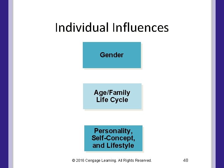 Individual Influences Gender Age/Family Life Cycle Personality, Self-Concept, and Lifestyle © 2016 Cengage Learning.