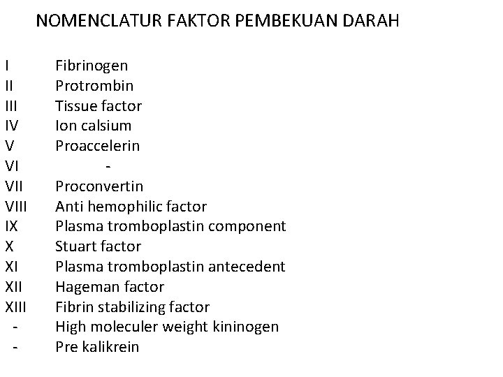 NOMENCLATUR FAKTOR PEMBEKUAN DARAH I II IV V VI VIII IX X XI XIII