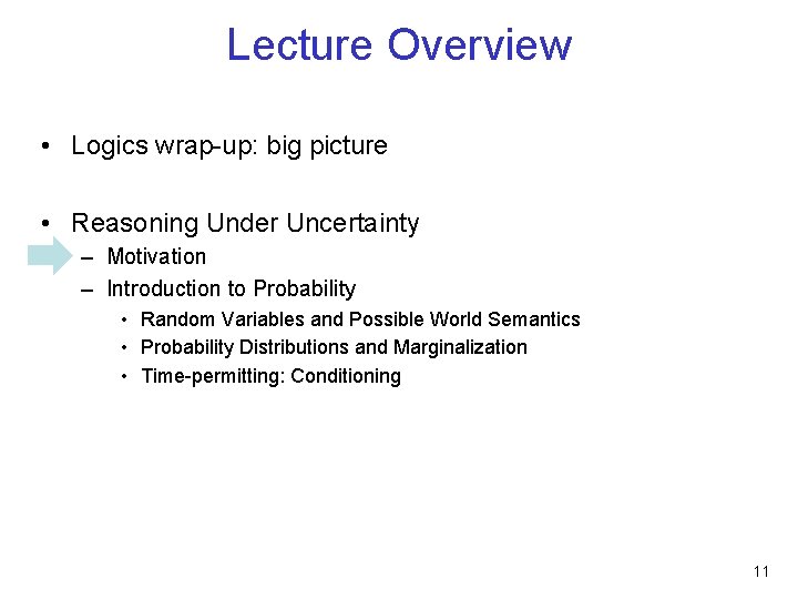 Lecture Overview • Logics wrap-up: big picture • Reasoning Under Uncertainty – Motivation –