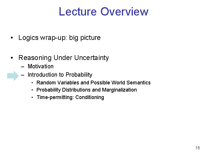 Lecture Overview • Logics wrap-up: big picture • Reasoning Under Uncertainty – Motivation –