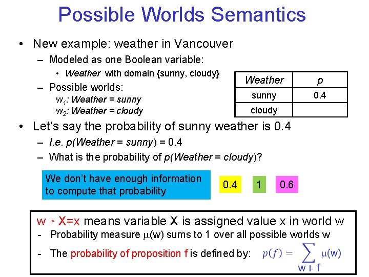 Possible Worlds Semantics • New example: weather in Vancouver – Modeled as one Boolean