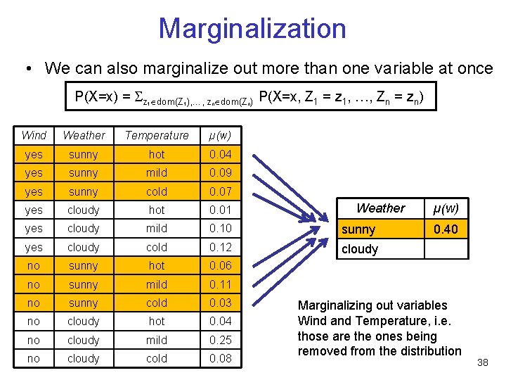 Marginalization • We can also marginalize out more than one variable at once P(X=x)