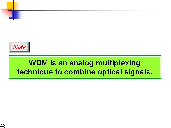 Note WDM is an analog multiplexing technique to combine optical signals. 48 
