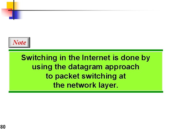 Note Switching in the Internet is done by using the datagram approach to packet