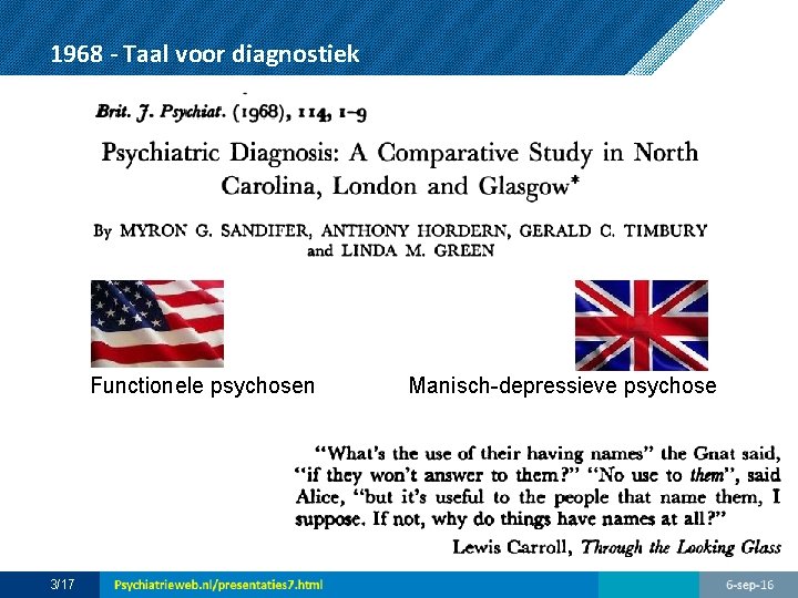 1968 - Taal voor diagnostiek Functionele psychosen 3/17 Manisch-depressieve psychose 
