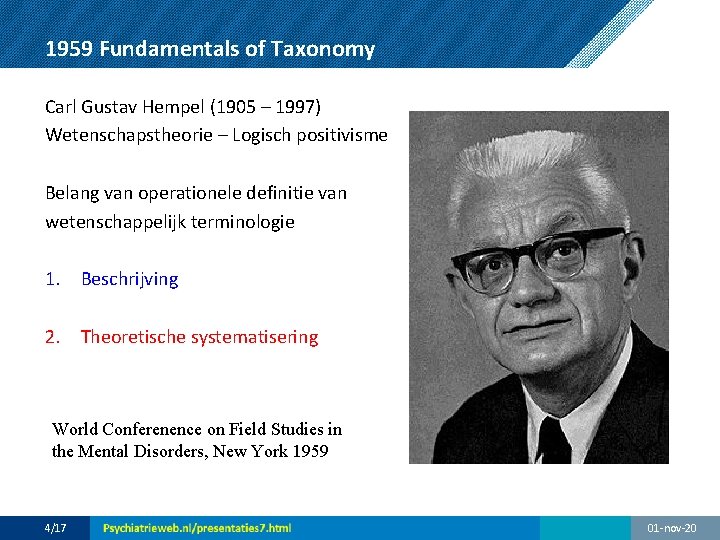 1959 Fundamentals of Taxonomy Carl Gustav Hempel (1905 – 1997) Wetenschapstheorie – Logisch positivisme