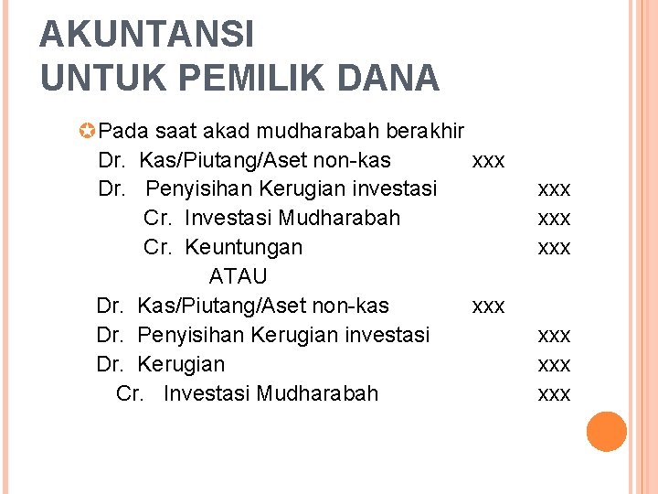AKUNTANSI UNTUK PEMILIK DANA µPada saat akad mudharabah berakhir Dr. Kas/Piutang/Aset non-kas xxx Dr.
