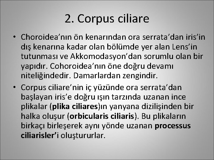 2. Corpus ciliare • Choroidea’nın ön kenarından ora serrata’dan iris’in dış kenarına kadar olan