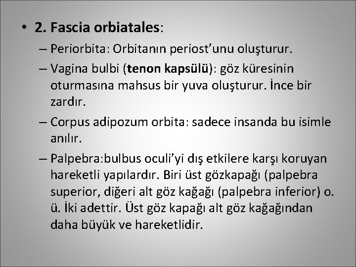  • 2. Fascia orbiatales: – Periorbita: Orbitanın periost’unu oluşturur. – Vagina bulbi (tenon