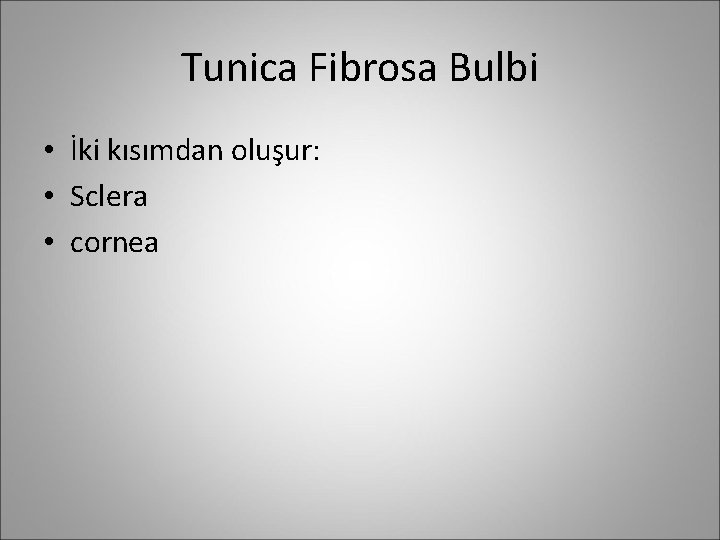 Tunica Fibrosa Bulbi • İki kısımdan oluşur: • Sclera • cornea 