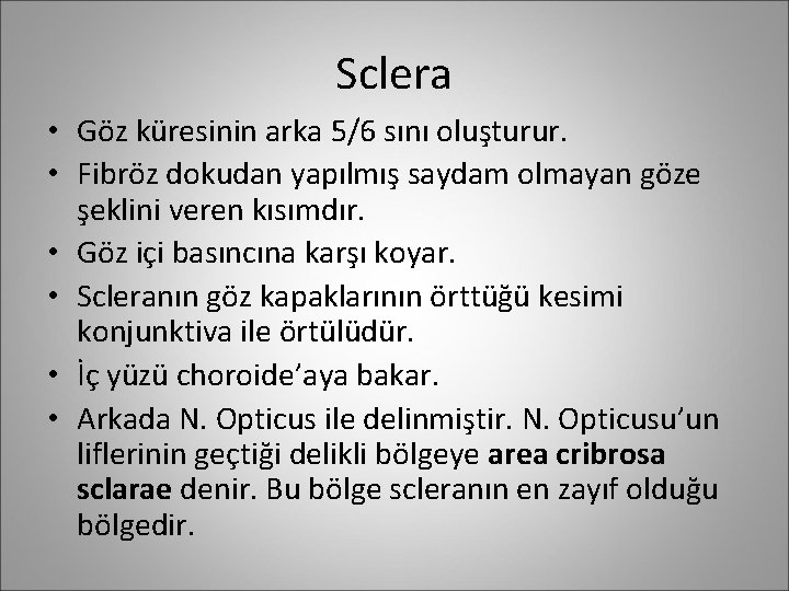 Sclera • Göz küresinin arka 5/6 sını oluşturur. • Fibröz dokudan yapılmış saydam olmayan