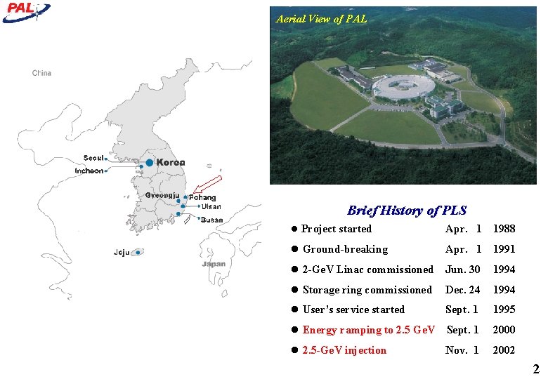 Aerial View of PAL Brief History of PLS l Project started Apr. 1 1988