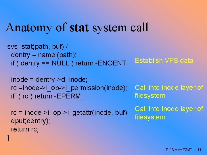 Anatomy of stat system call sys_stat(path, buf) { dentry = namei(path); if ( dentry