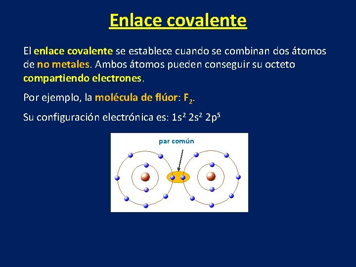 Enlace covalente El enlace covalente se establece cuando se combinan dos átomos de no