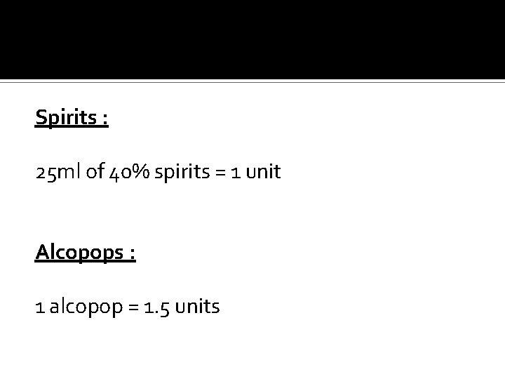 Spirits : 25 ml of 40% spirits = 1 unit Alcopops : 1 alcopop Spirits : 25 ml of 40% spirits = 1 unit Alcopops : 1 alcopop