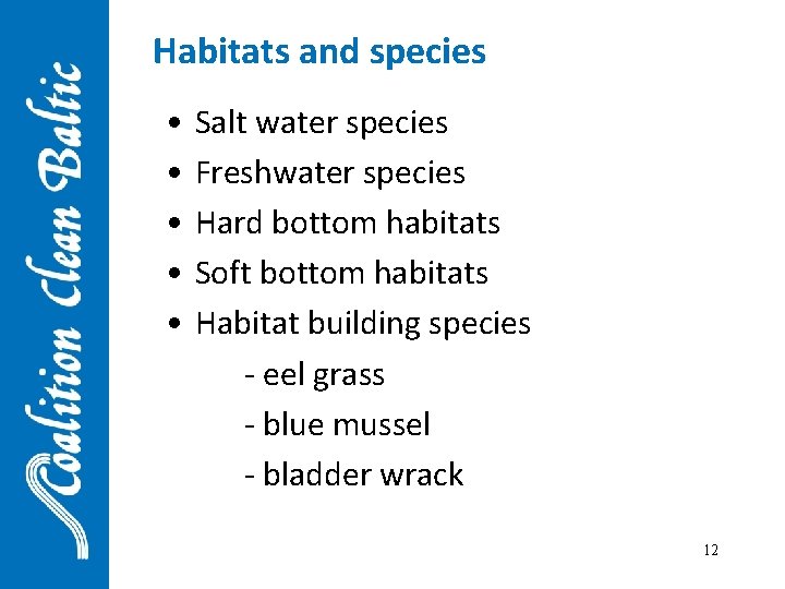 Habitats and species • • • Salt water species Freshwater species Hard bottom habitats