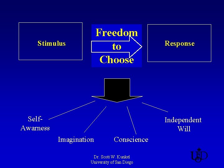 Freedom to Choose Stimulus Self. Awarness Response Independent Will Imagination Conscience Dr. Scott W.