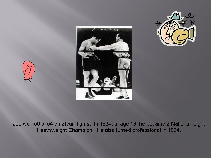 Joe won 50 of 54 amateur fights. In 1934, at age 19, he became