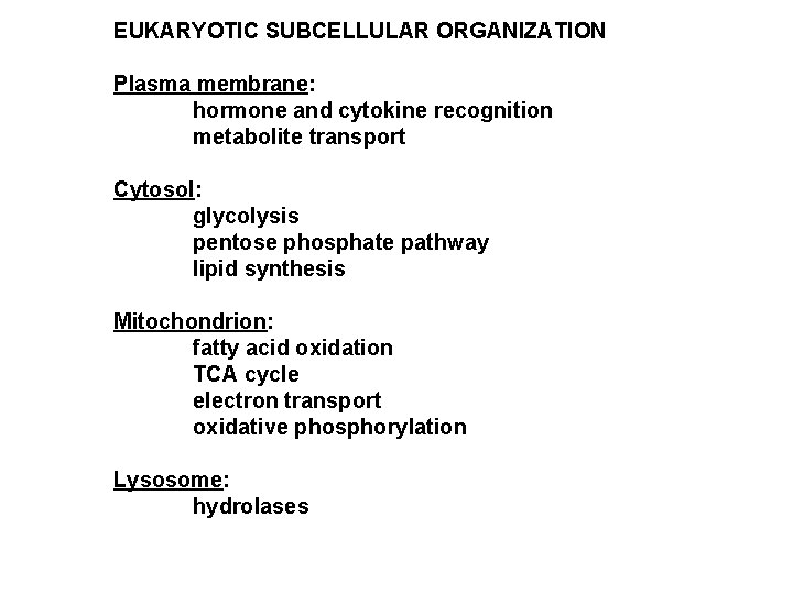 EUKARYOTIC SUBCELLULAR ORGANIZATION Plasma membrane: hormone and cytokine recognition metabolite transport Cytosol: glycolysis pentose