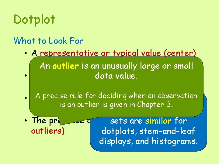 Dotplot What to Look For • A representative or typical value (center) in An