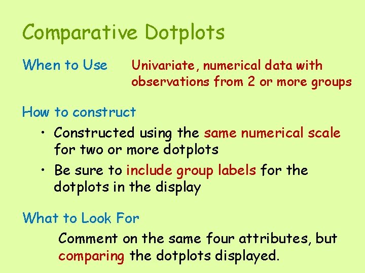 Comparative Dotplots When to Use Univariate, numerical data with observations from 2 or more