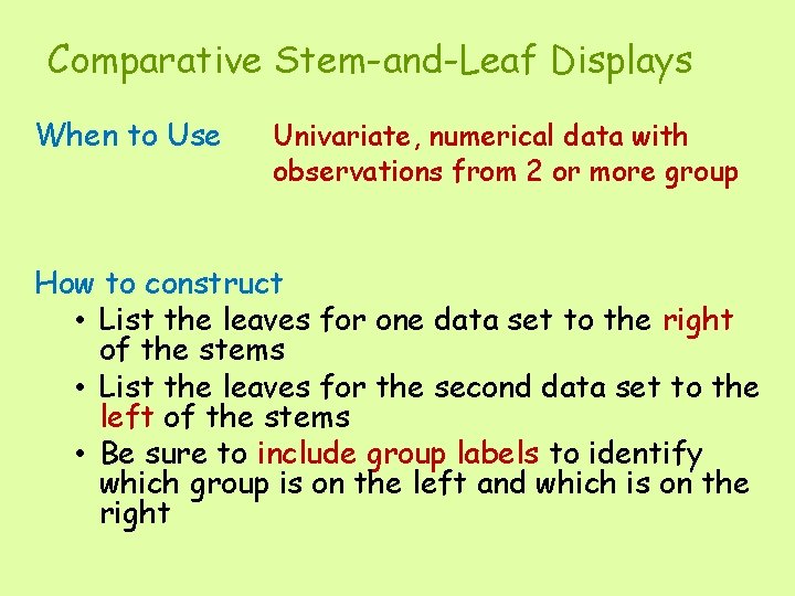 Comparative Stem-and-Leaf Displays When to Use Univariate, numerical data with observations from 2 or