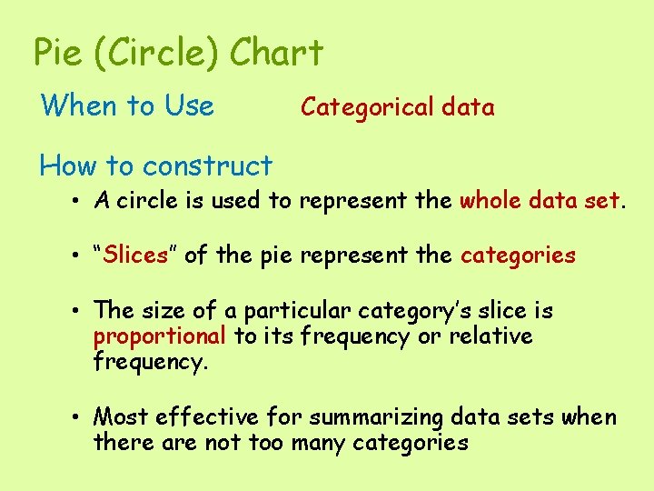 Pie (Circle) Chart When to Use Categorical data How to construct • A circle