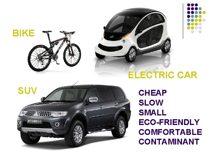 BIKE ELECTRIC CAR SUV CHEAP SLOW SMALL ECO-FRIENDLY COMFORTABLE CONTAMINANT 