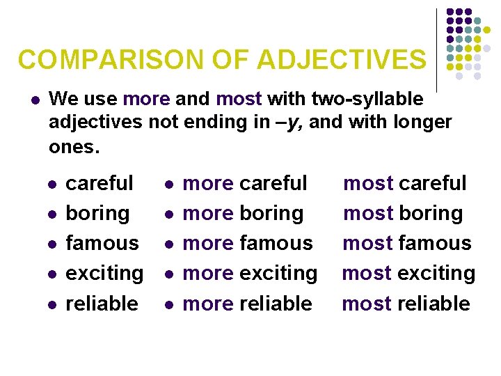 COMPARISON OF ADJECTIVES l We use more and most with two-syllable adjectives not ending