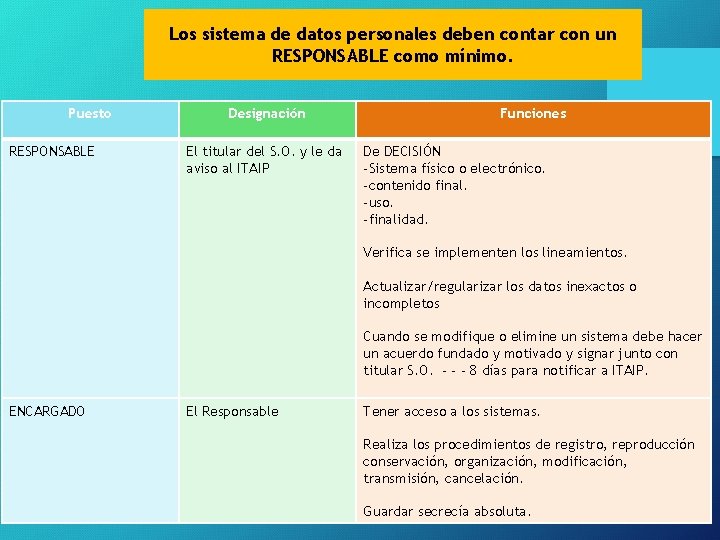 Los sistema de datos personales deben contar con un RESPONSABLE como mínimo. Puesto RESPONSABLE