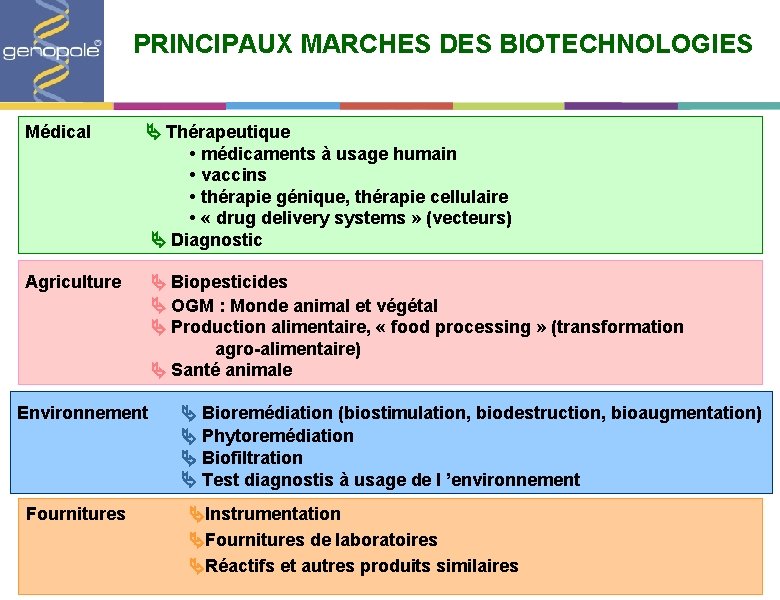 PRINCIPAUX MARCHES DES BIOTECHNOLOGIES Médical Thérapeutique • médicaments à usage humain • vaccins •