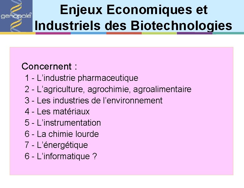  Enjeux Economiques et Industriels des Biotechnologies Concernent : 1 - L’industrie pharmaceutique 2