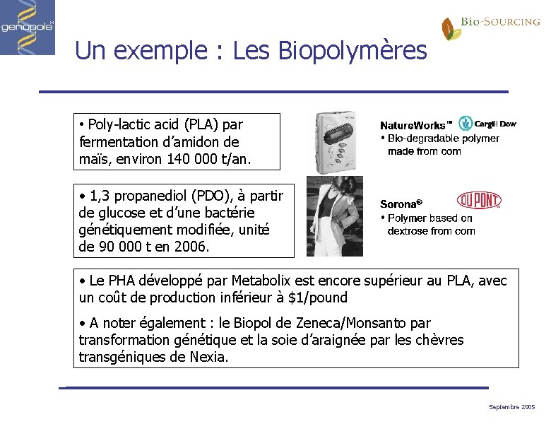 Un exemple : Les Biopolymères • Poly-lactic acid (PLA) par fermentation d’amidon de maïs,