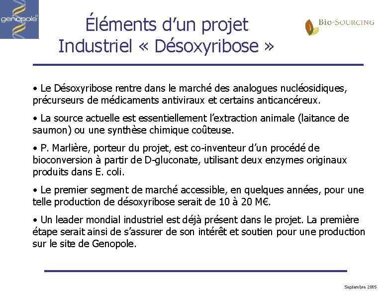 Éléments d’un projet Industriel « Désoxyribose » • Le Désoxyribose rentre dans le marché