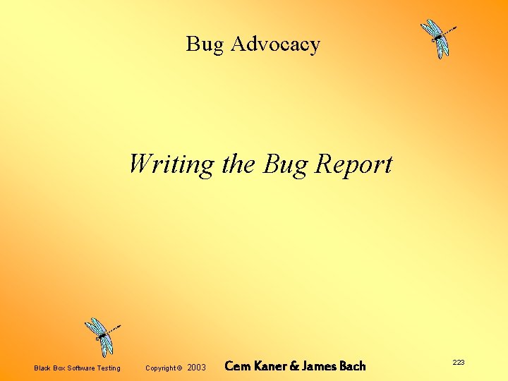 Bug Advocacy Writing the Bug Report Black Box Software Testing Copyright © 2003 Cem