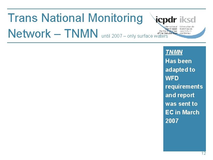 Trans National Monitoring Network – TNMN until 2007 – only surface waters TNMN Has