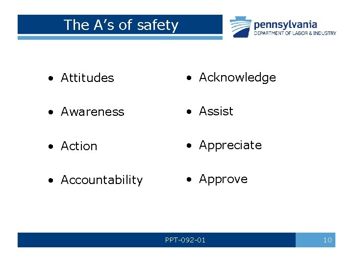 The A’s of safety • Attitudes • Acknowledge • Awareness • Assist • Action